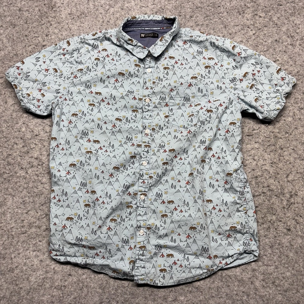 RF Brand Short Sleeve Button Up‎ Shirt Mens XL Blue Camping Bear Print